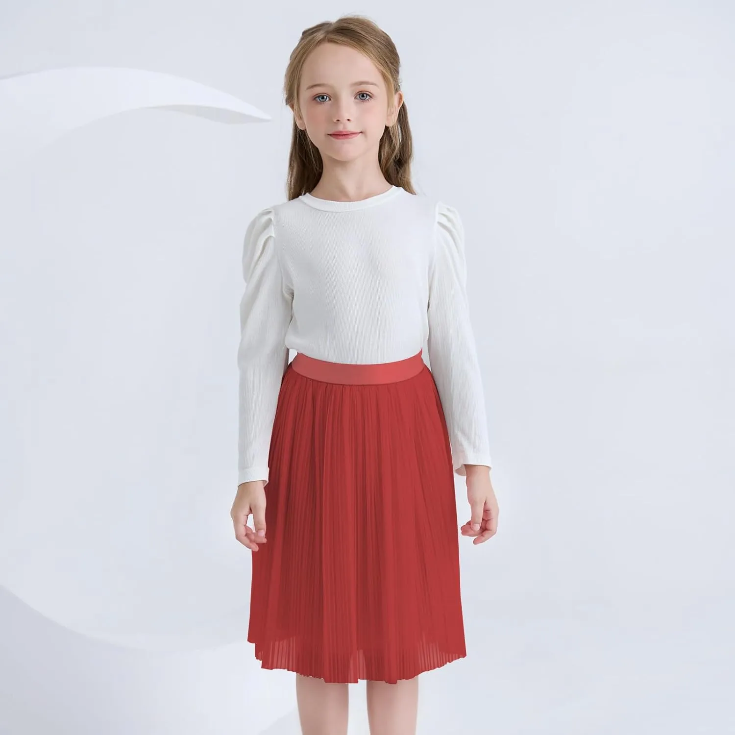 ZUNW Girls Mesh Pleated Skirt Elastic High Waist A-Line Swing Tulle Midi Skirt for Girl 6-14 Years
