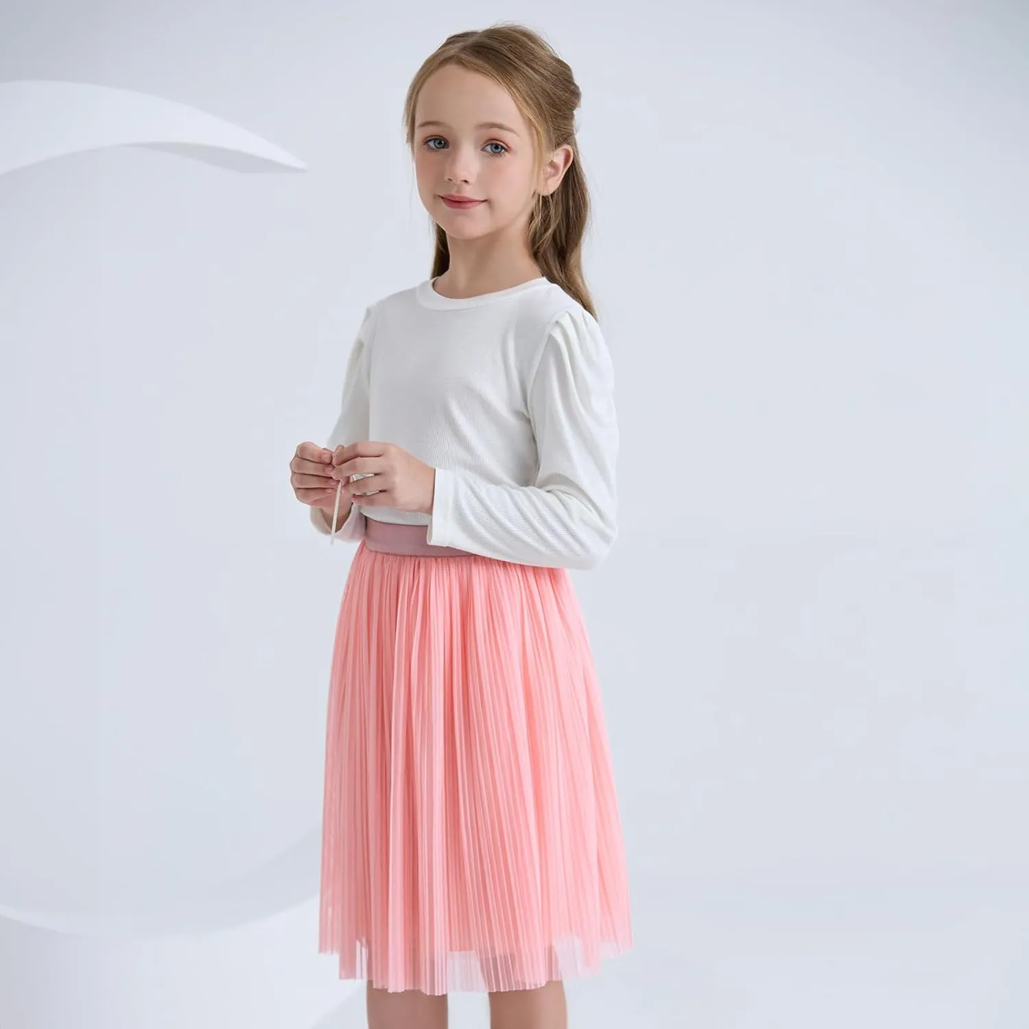 ZUNW Girls Mesh Pleated Skirt Elastic High Waist A-Line Swing Tulle Midi Skirt for Girl 6-14 Years