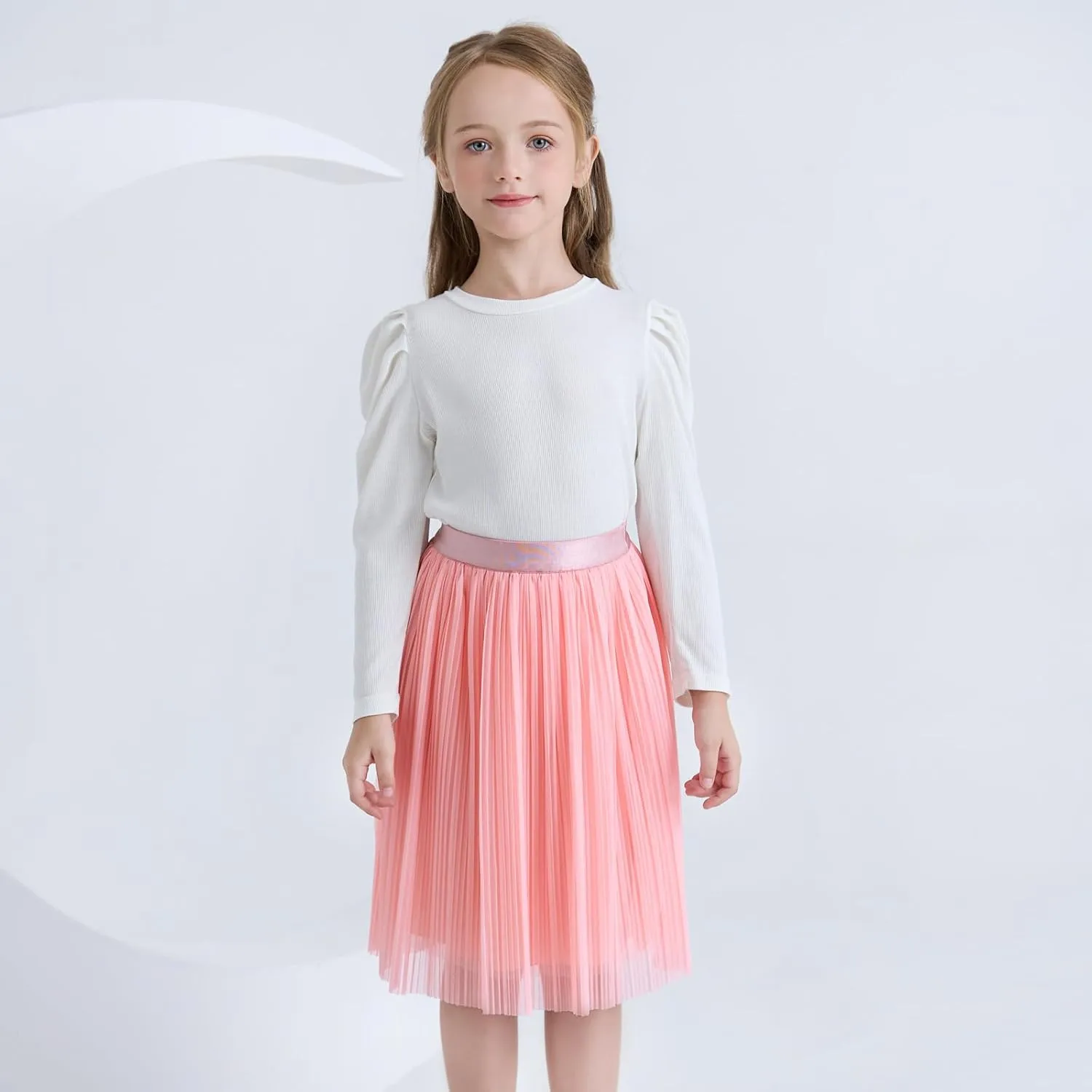 ZUNW Girls Mesh Pleated Skirt Elastic High Waist A-Line Swing Tulle Midi Skirt for Girl 6-14 Years